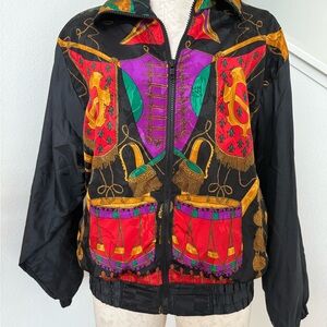 Vintage-Inspired Black Bomber Jacket with Red and Purple Accents